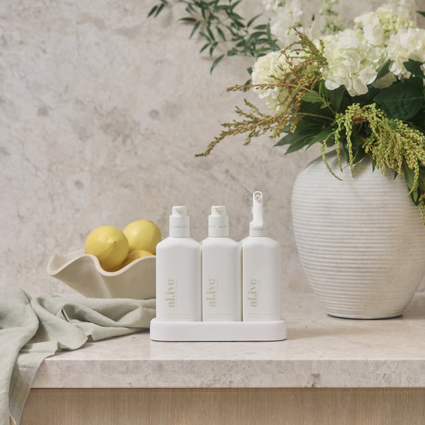 AL.IVE - Dishwashing Liquid, Hand Wash, Bench Spray + Tray Trio, Lemon Myrtle & Honeydew