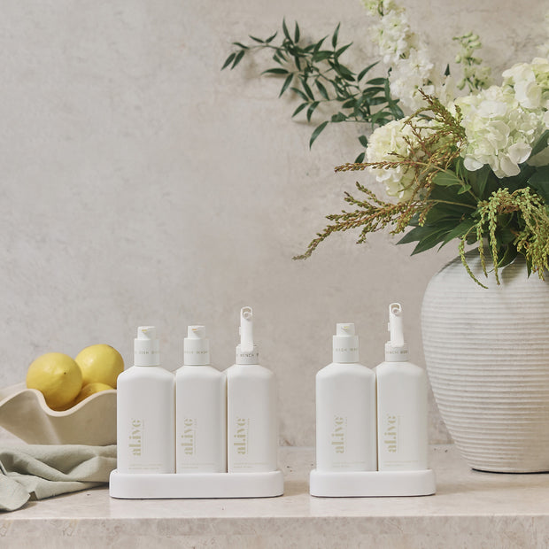 AL.IVE - Dishwashing Liquid, Hand Wash, Bench Spray + Tray Trio, Lemon Myrtle & Honeydew