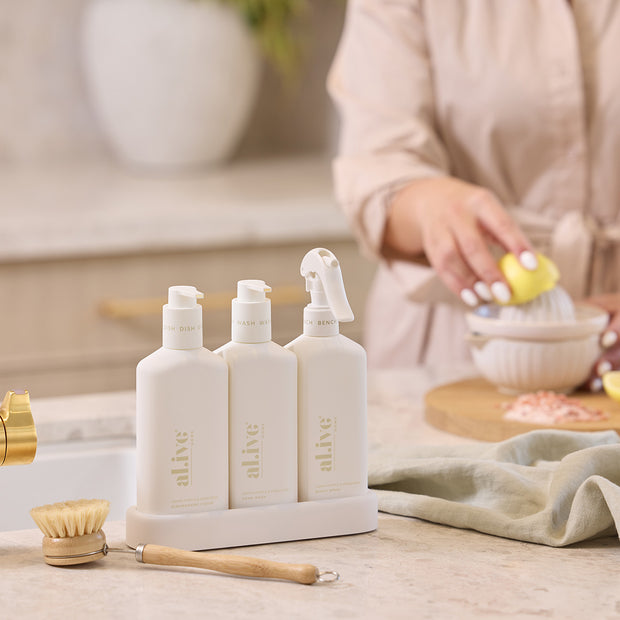 AL.IVE - Dishwashing Liquid, Hand Wash, Bench Spray + Tray Trio, Lemon Myrtle & Honeydew